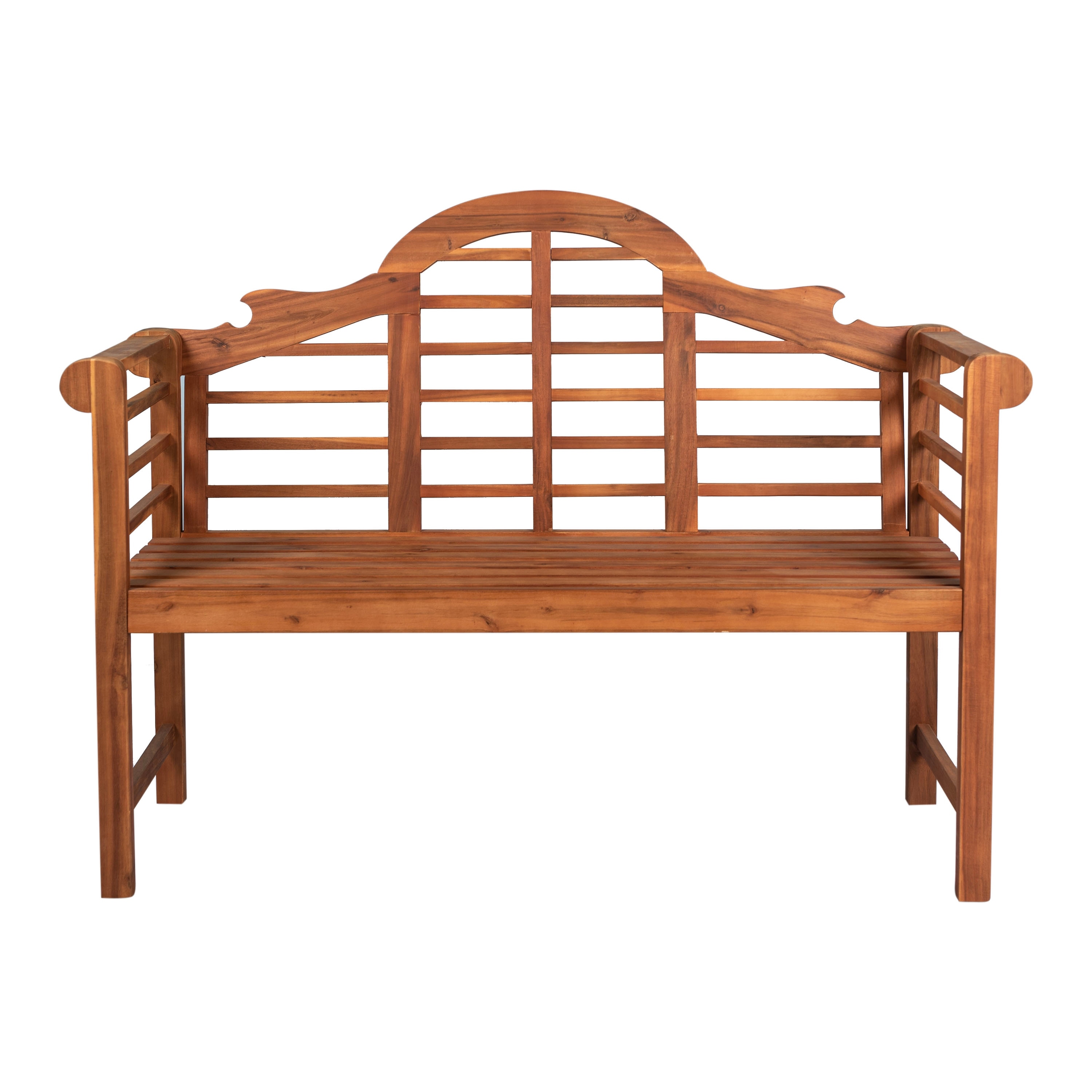 Lutyens Classic Acacia Wood Outdoor Bench with Armrests and Arched Slatted Back, 2-Person Seating for Patio, Porch & Garden