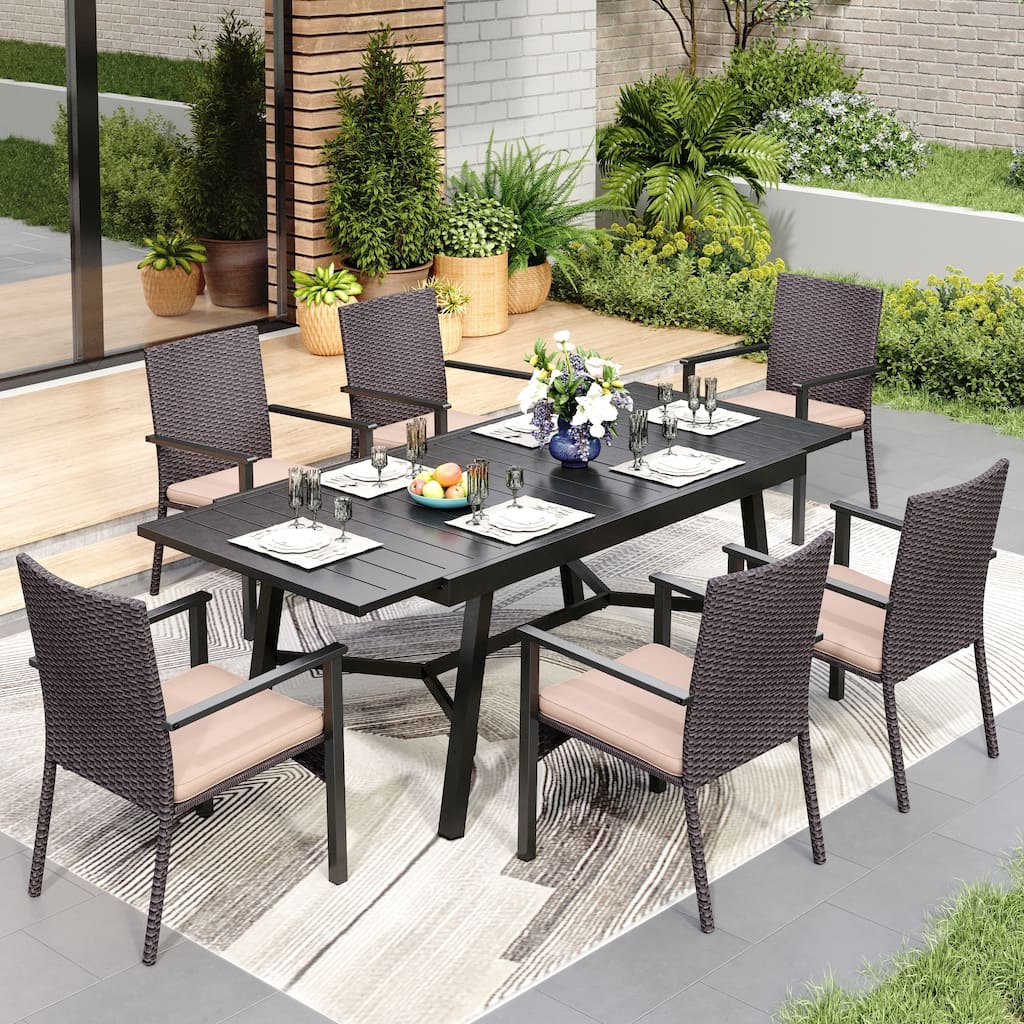 MAISON ARTS 7/9-piece Patio Dining Set, Expendable Rectangular Outdoor Dining Table with Rattan Chairs