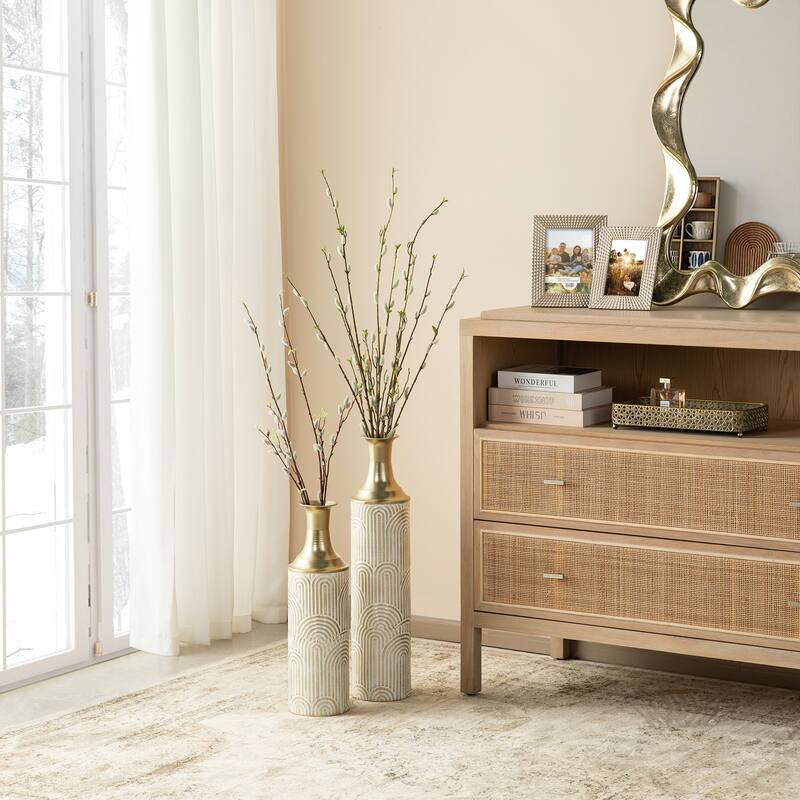 Glitzhome Set of 2 Modern White and Gold Metal Floor Vases