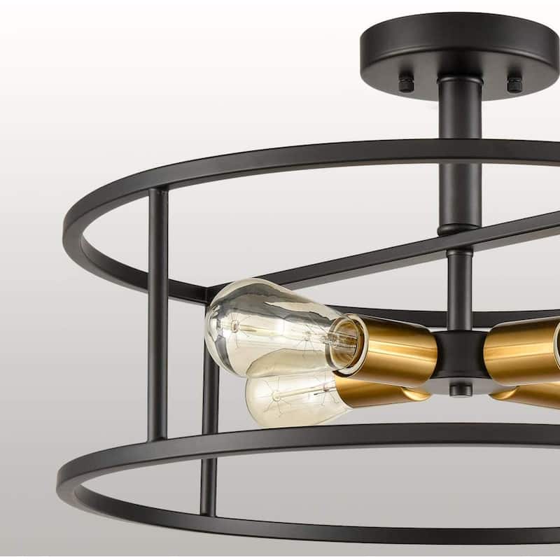 Ferrazoli Industrial Black & Brass Metal Drum Cage Semi Flush Ceiling Light