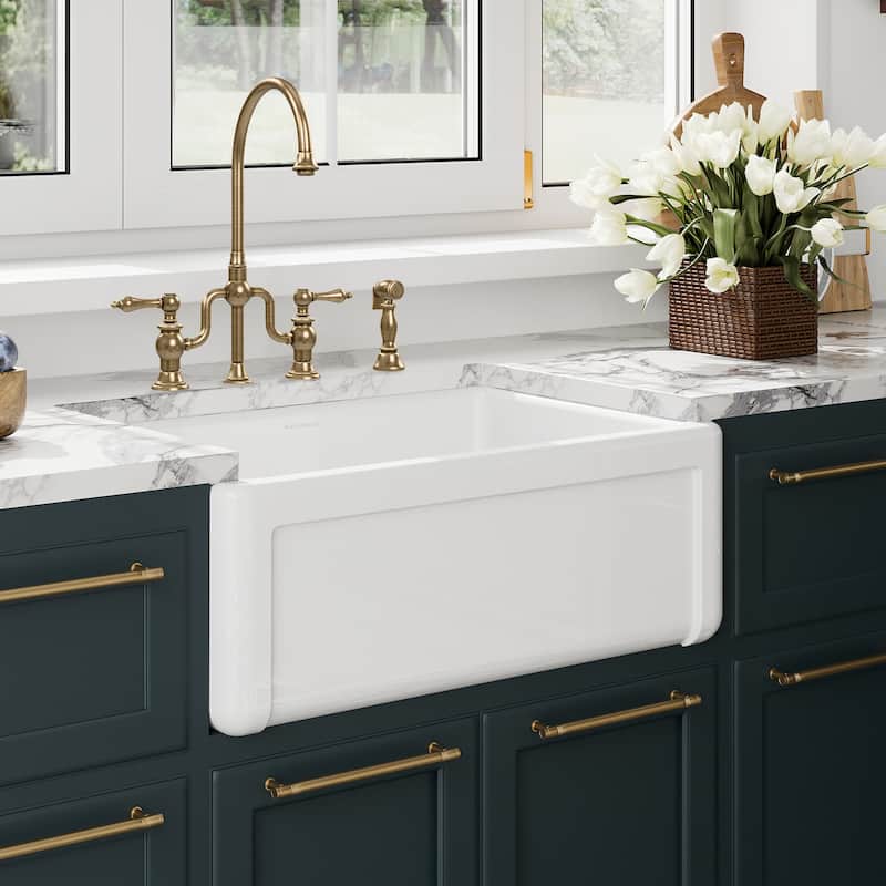 Reversible Fireclay Kitchen Sinks With Grid Three Edge Frame, Plain Front Apron