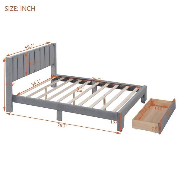 dimension image slide 0 of 3, Gray Full Velvet Upholstered Bed with Large Storage Drawer - Luxurious Design