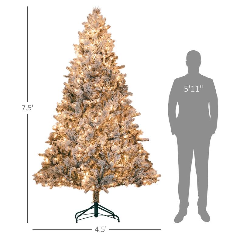 6.5/7FT Pre-Lit Snow Flocked Artificial Hinged Christmas Tree with Clear Lights & Metal Stand