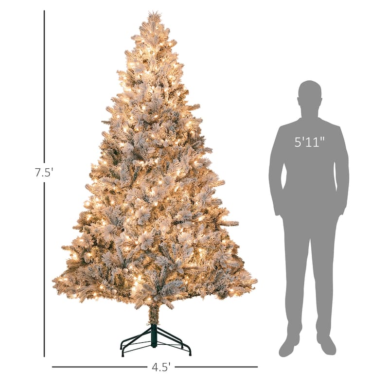 7.5 ft Pre-Lit Artificial Christmas Tree with 500 Clear Lights and 1530 Tips, Snow Flocked Christmas Tree - Green