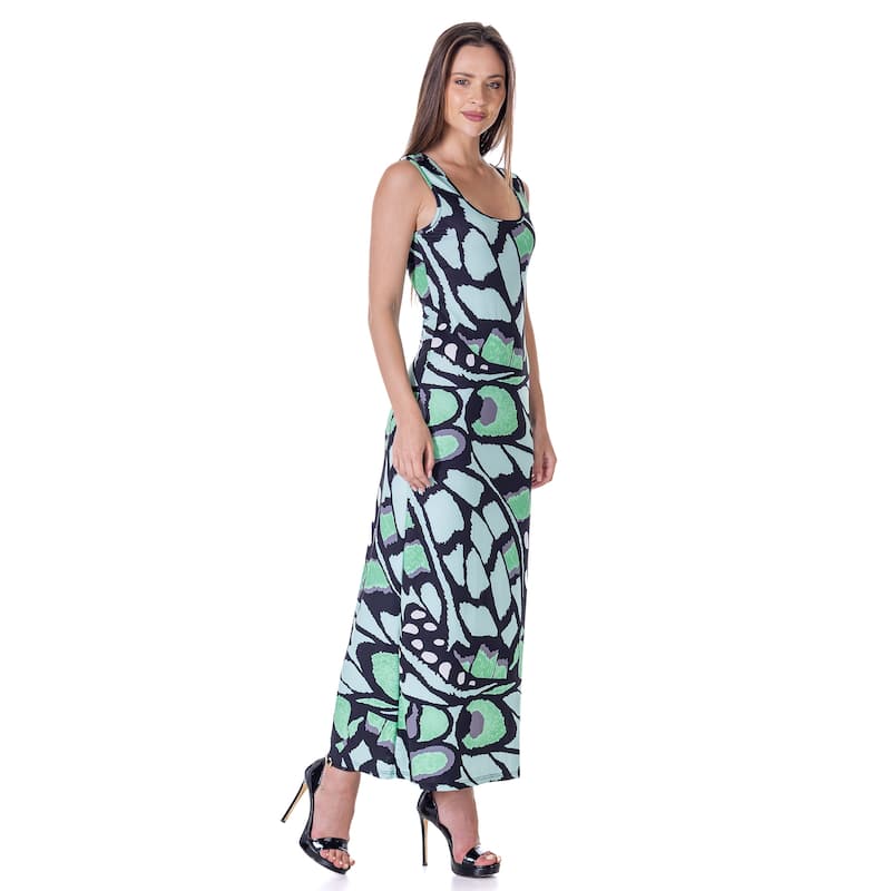 24seven Comfort Apparel Womens Green Butterfly Print Casual Razorback Tank Maxi Dress