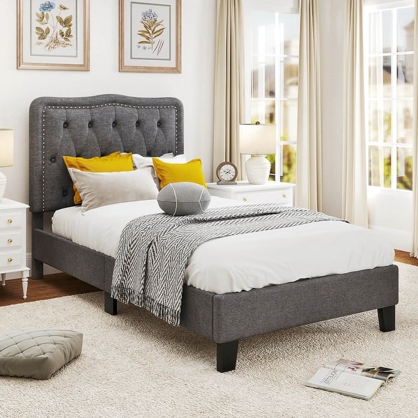 slide 2 of 10, Costway Twin Size Bed Frame with 46" Tall Button Tufted Headboard Grey - See Details