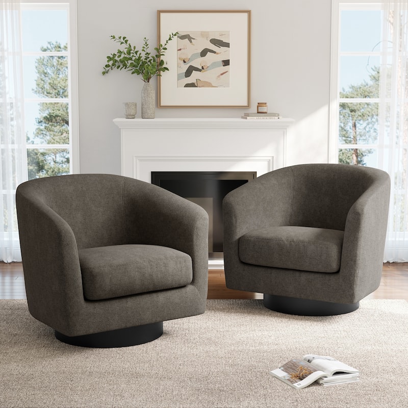 2 Set Modern Wide Round Swivel Accent Barrel Chairs - Chenille - Tan/Chenille