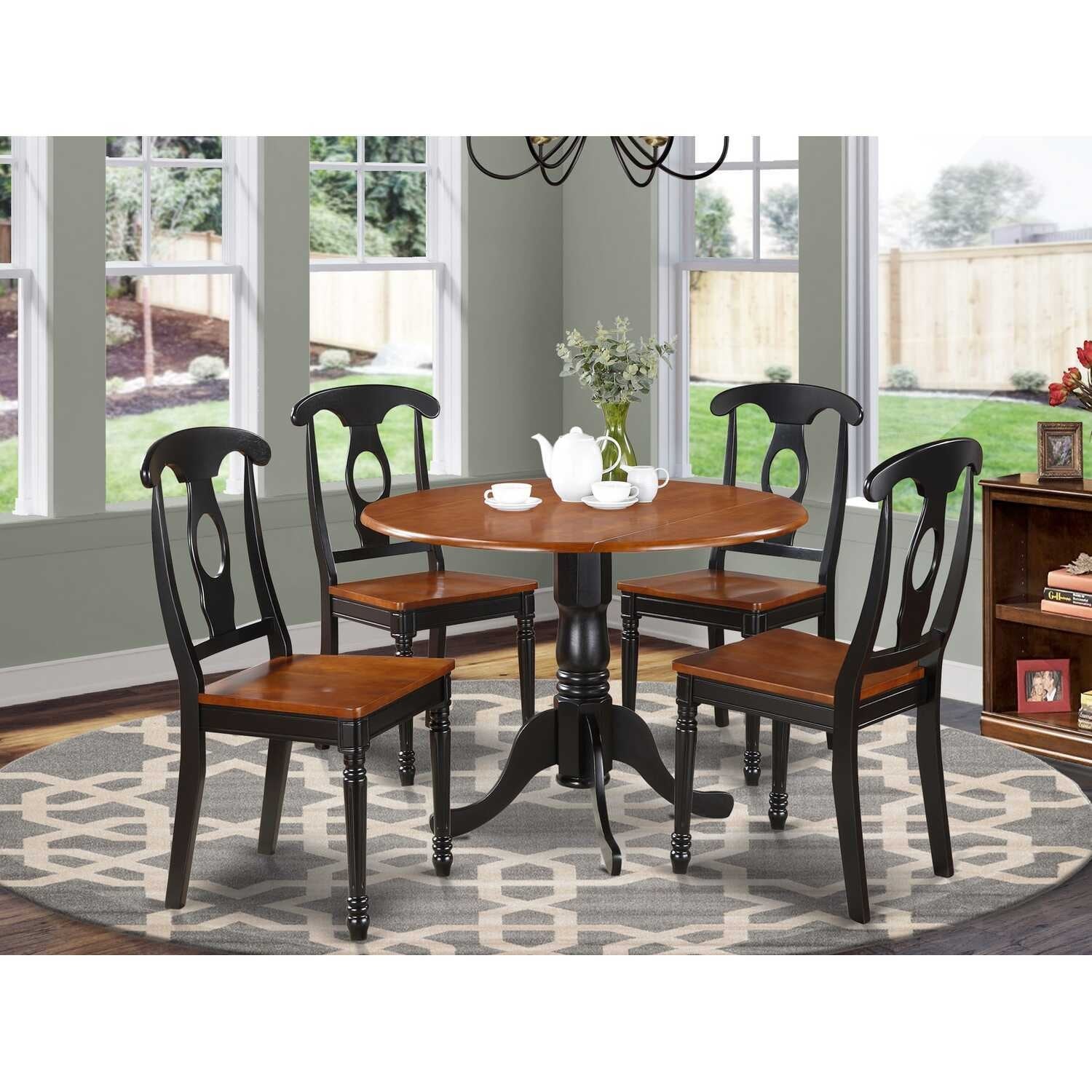 Dining Room Table Set 5 Piece - Round Table & 4 Chairs - Black Cherry Wood Furniture