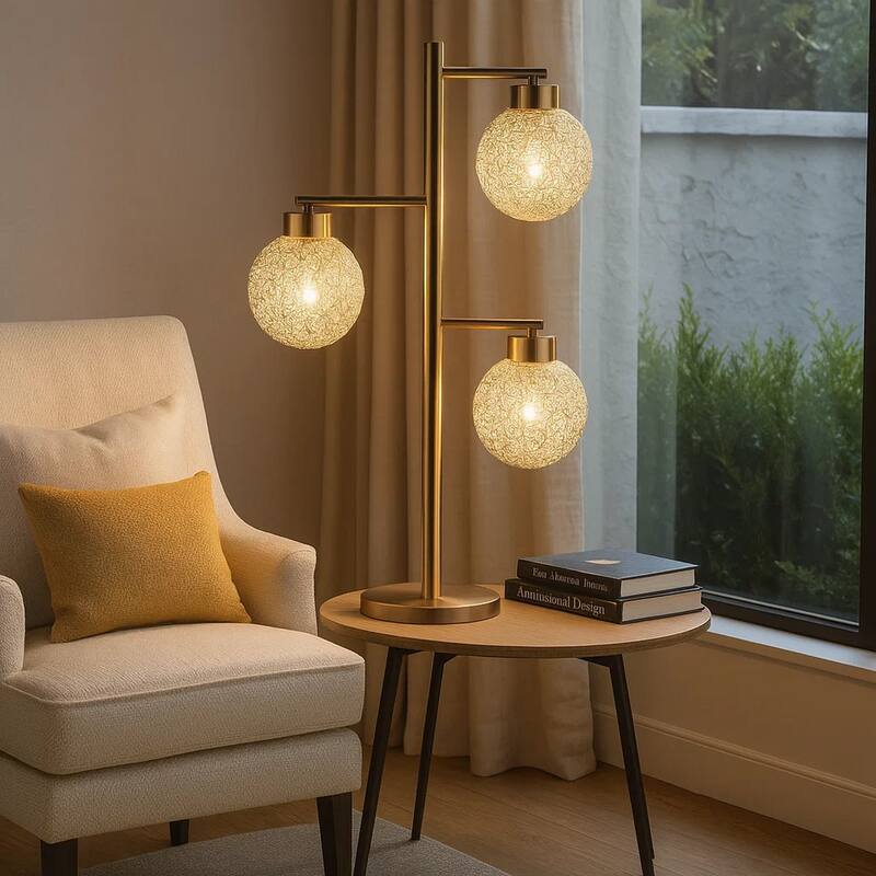 Fern 31 Inch Table Lamp with 3 Orb Shades, Metal, Sand Chrome Finish