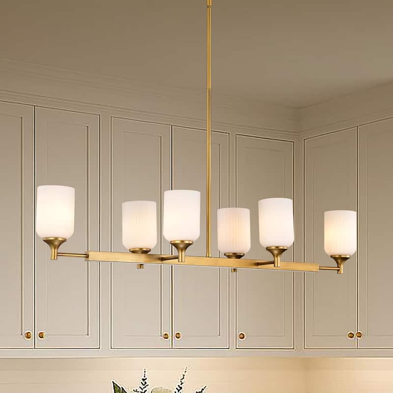 Solara 6 Light Island Pendant Natural Brass Finish Frosted Ribbed Glass - Natural Brass