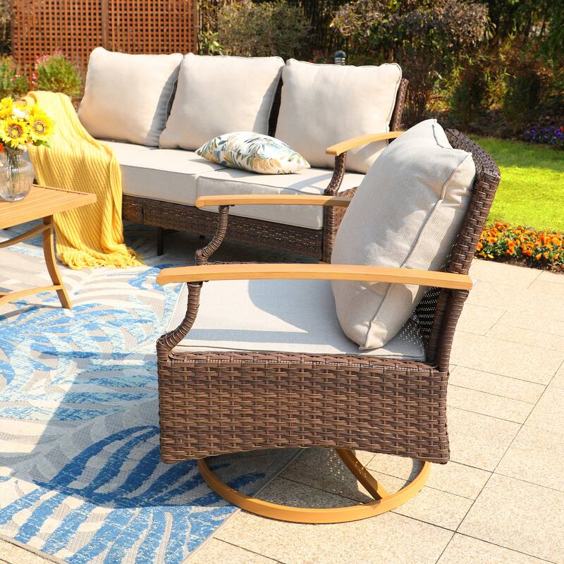 6/9-piece Patio Rattan Wicker Patio Furniture Set Swivel Rocking Chair Conversation Set