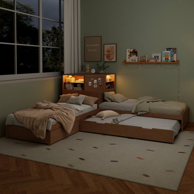 All-in-one Low Profile Platform Bed with Trundle and Drawer, Wooden Floor Bed Linked Corner Bed Built-in Desk and Led Downlight