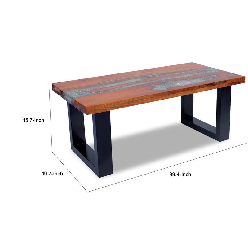 Coffee Table, 39 Inch Brown Mango Wood Top, Black Sled Base