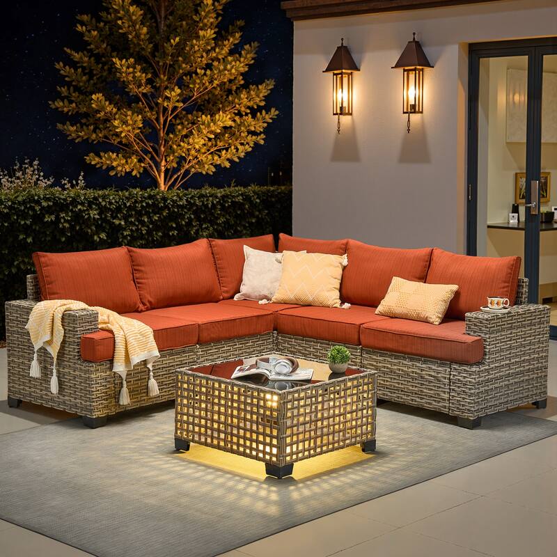 OVIOS 6 Pieces T shaped Seat Wide Armrest Set With Solar-Powered Coffee Table - Orange/Red