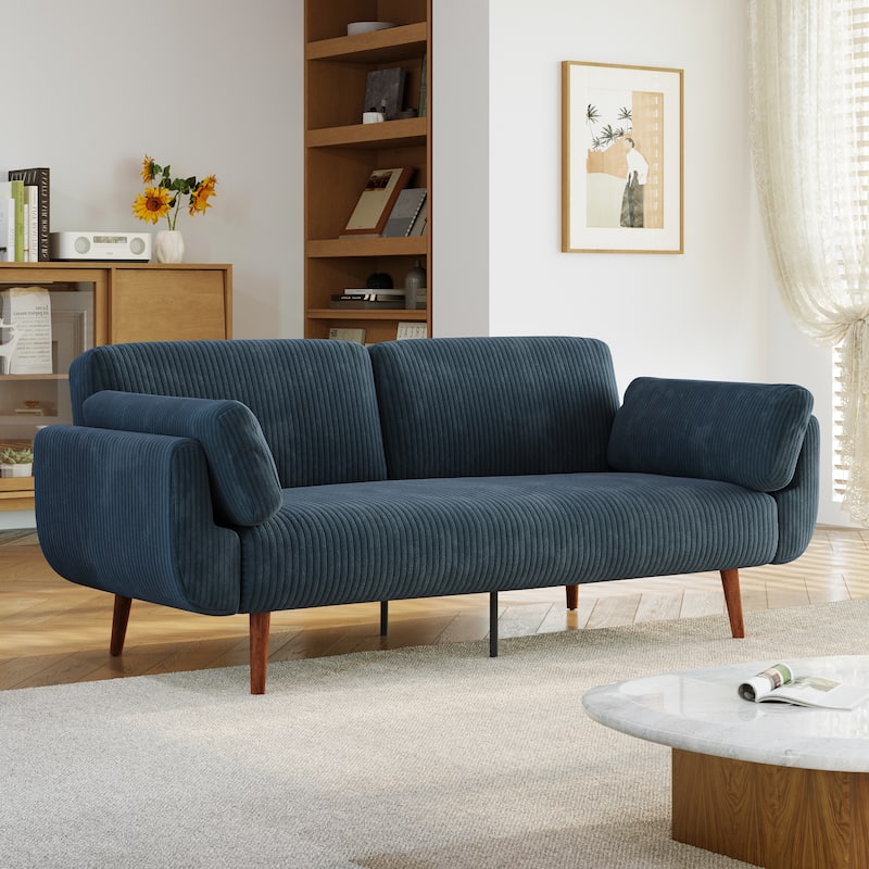 73" W Upholstered Corduroy Convertible Sleeper Sofa Bed with Pillows - Navy