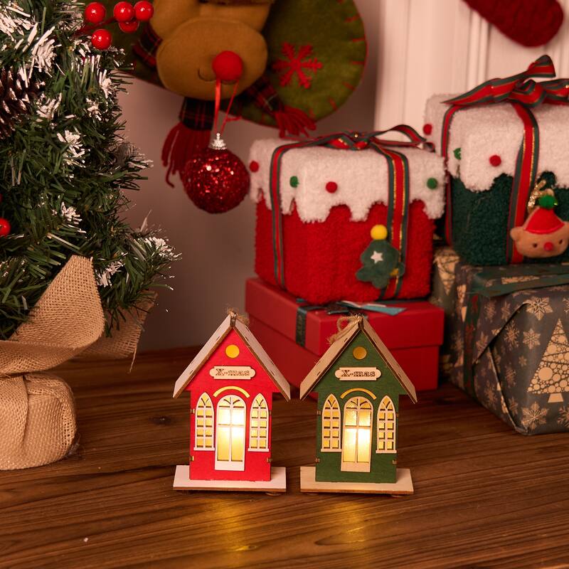 Christmas Village Holiday Lighted Wood House Decor - Battery Operated, Red/Green - 5.11'' H X 3.14'' W X 1.96'' D