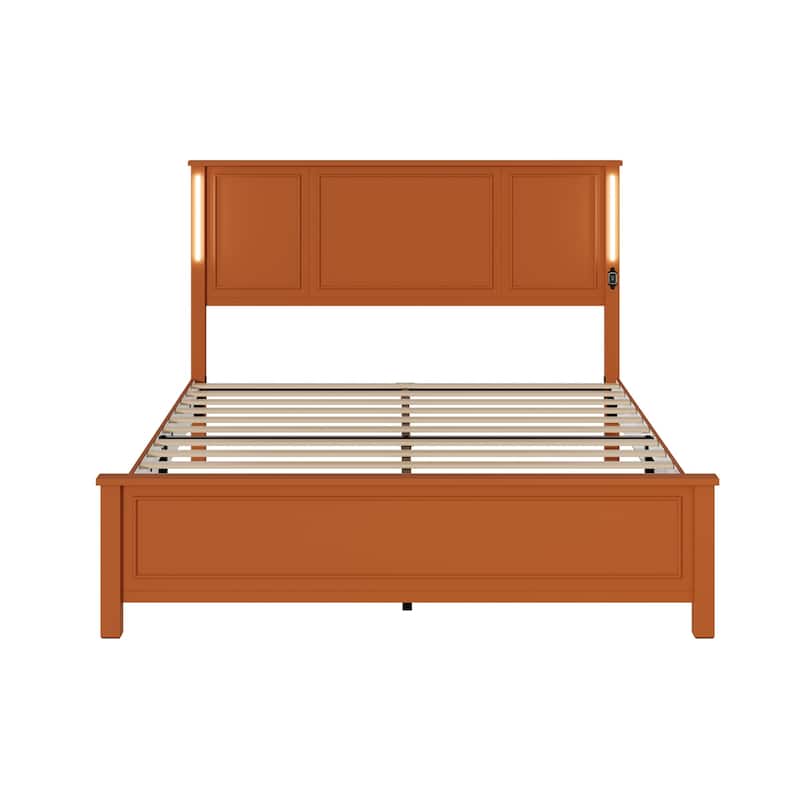 Queen Size Platform Bed Frame with Wood Headboard, Footboard, Charging Station, and LED Lights, No Box Spring Needed, Brown