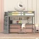 preview thumbnail 3 of 16, Full Size Loft Bed with Display Stand Desk Underneath, Wood High Loft Bed Frame with Storage Staircase and Storage Shelves