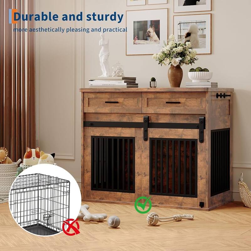 Dog Crate Furniture with Barn Door, Indoor Kennel Table with Storage - N/A