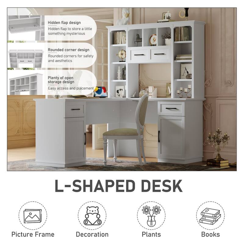 Roomfitters L-Shaped Computer Desk with Hutch, 2 Cabinets, 2 Drawers and 11 Open Shelves, with Power Outlet