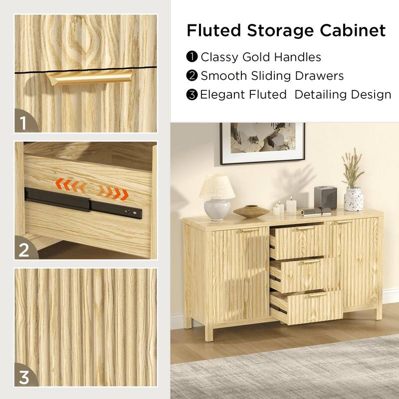 Gymojoy 47" Fluted Sideboard Buffet Cabinet with 3 Drawers, Adjustable Shelves for Living Room, Dining Room