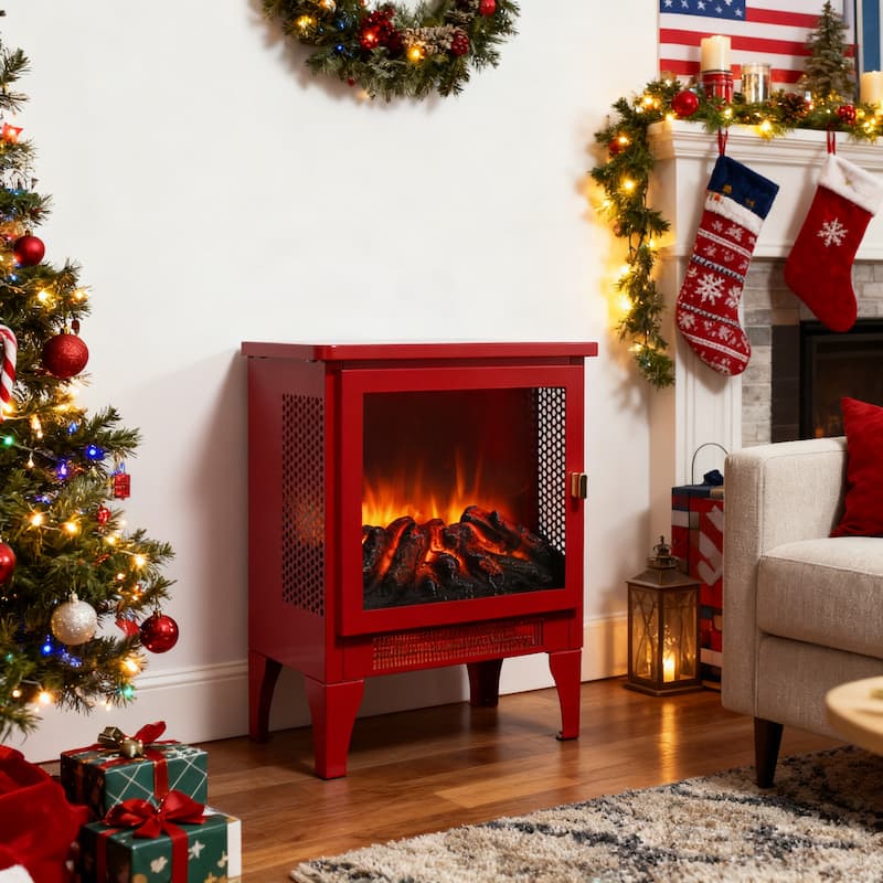 17 inch Freestanding Electric Fireplace Stove heater with 3D Flame effect,Classic Red