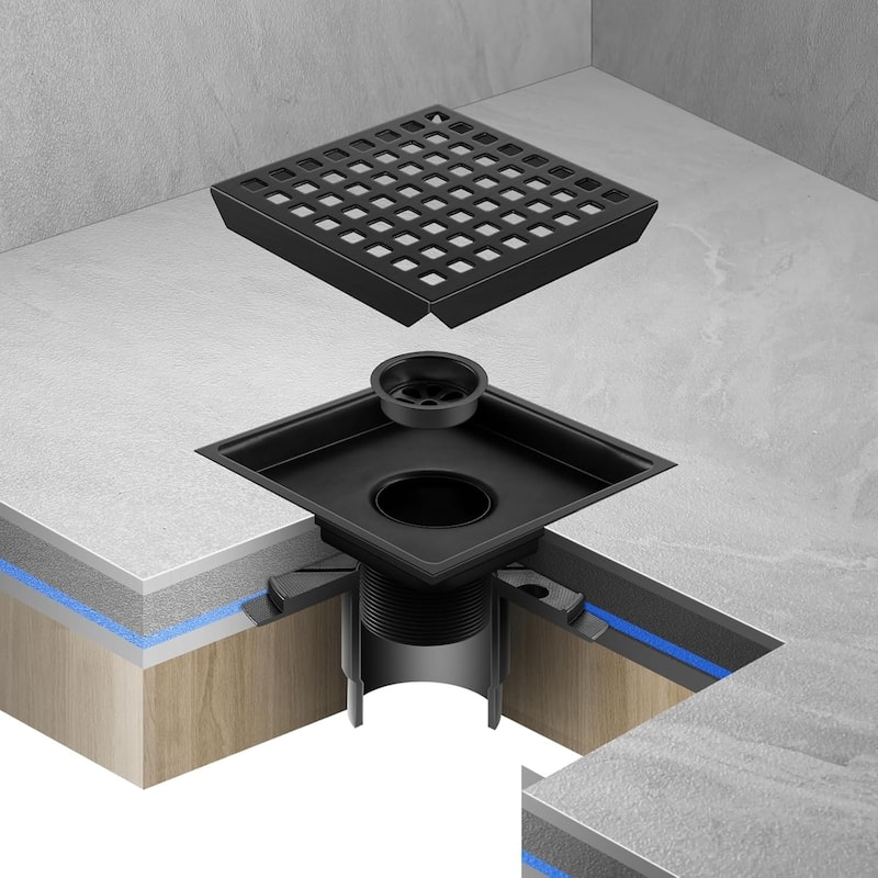 PROOX 6 inch Square Shower Floor Drain with Flange Removeable Grid Panel - 6 in.