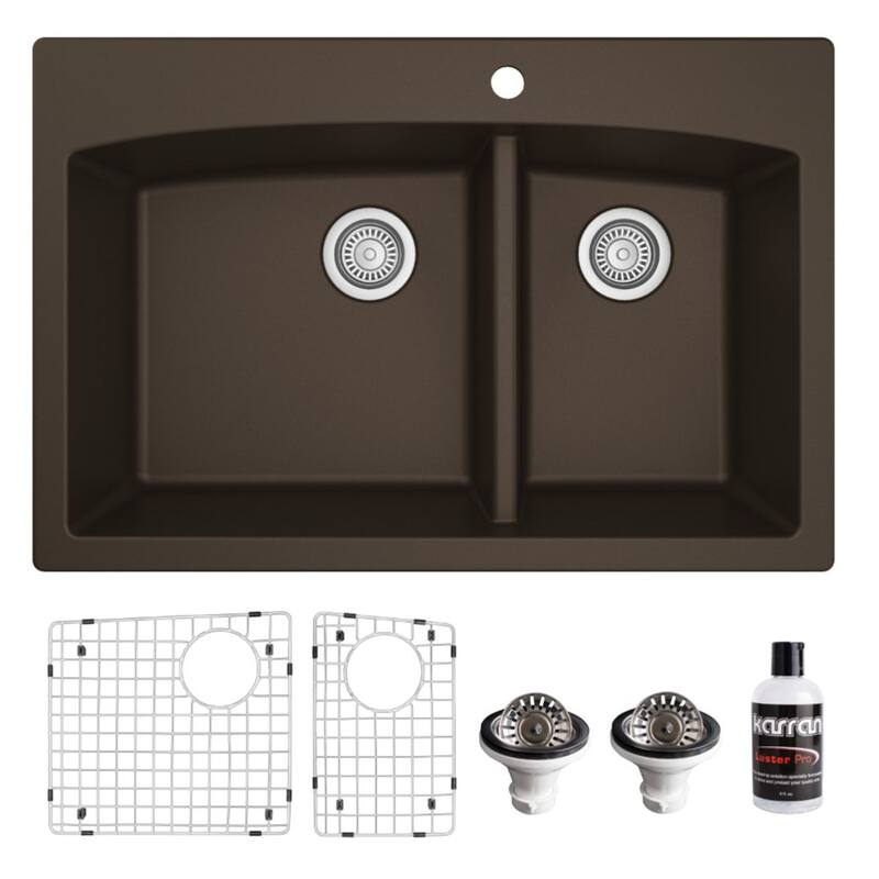 Karran Drop-In Quartz 33 in. 1-Hole 60/40 Double Bowl Kitchen Sink Kit - Brown