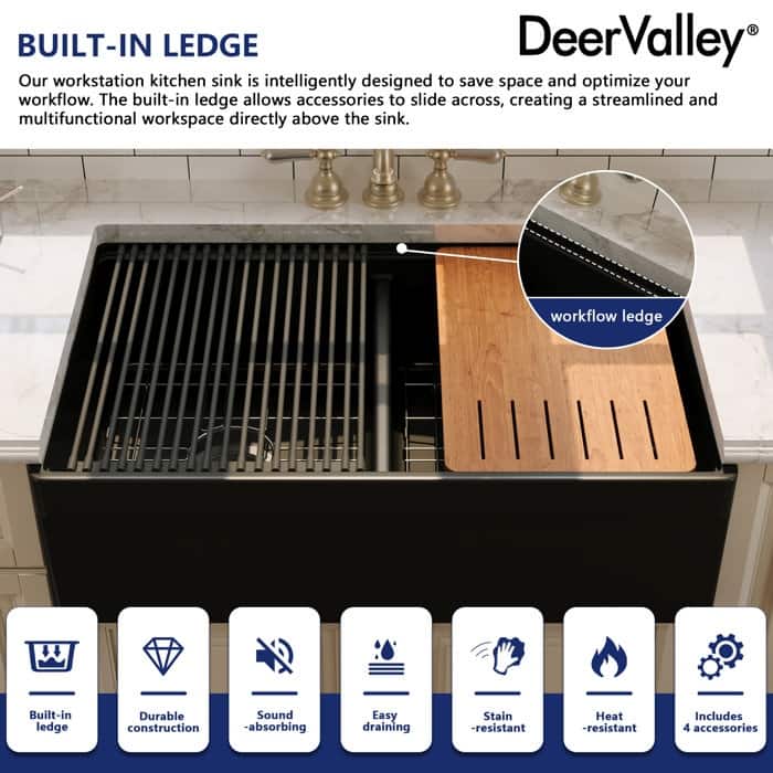 DeerValley 33"L X 20"W Double Bowl Workstation Farmhouse Kitchen Sink With Cutting Board And Dish-Drying Rack