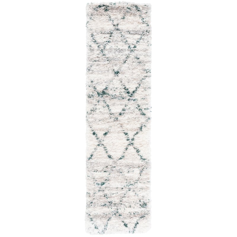 SAFAVIEH Fontana Shag Marye Modern Trellis 2-inch Thick Rug - 2'3" x 8' Runner - Green/Ivory