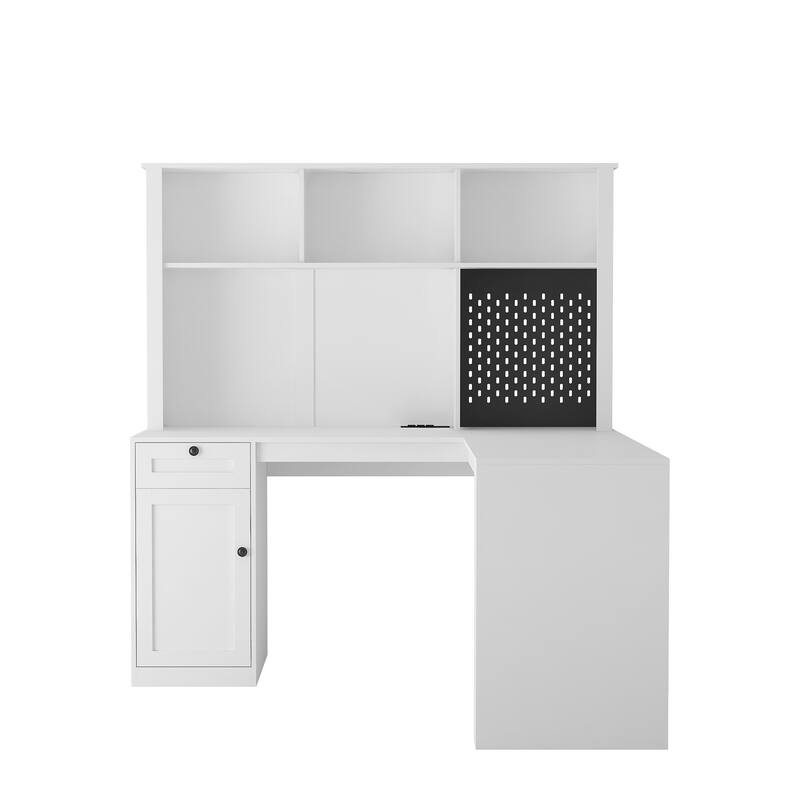 Roomfitters Modern L Shaped Computer Desk with Outlets & Hutch, Corner Workstation with Drawers, Bookshelf & Cabinet, White