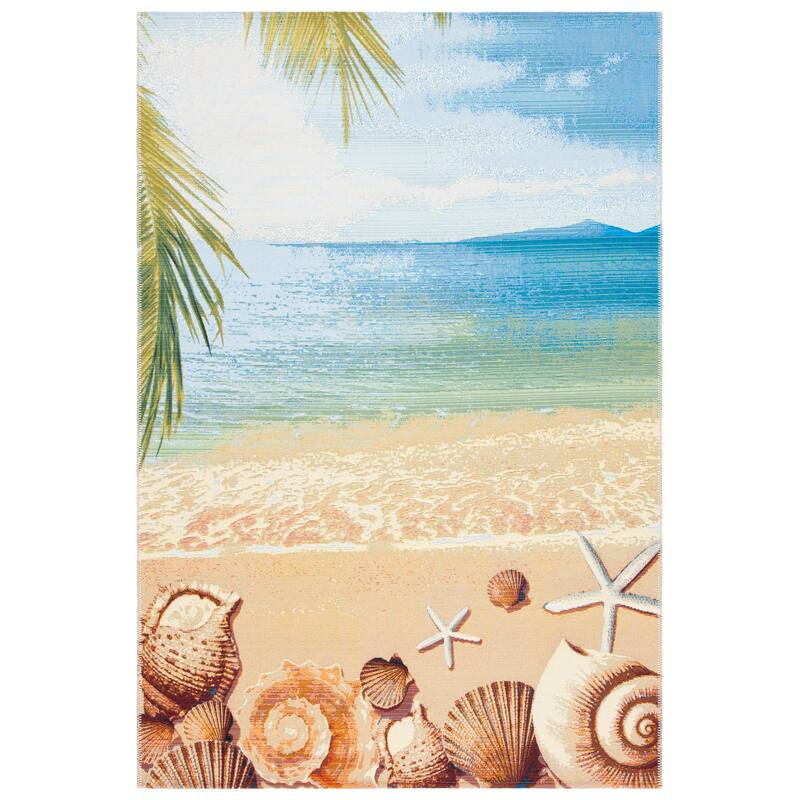 SAFAVIEH Barbados Liset Tropical Indoor/ Outdoor Waterproof Patio Backyard Rug - 5'3" Square - Gold/Blue