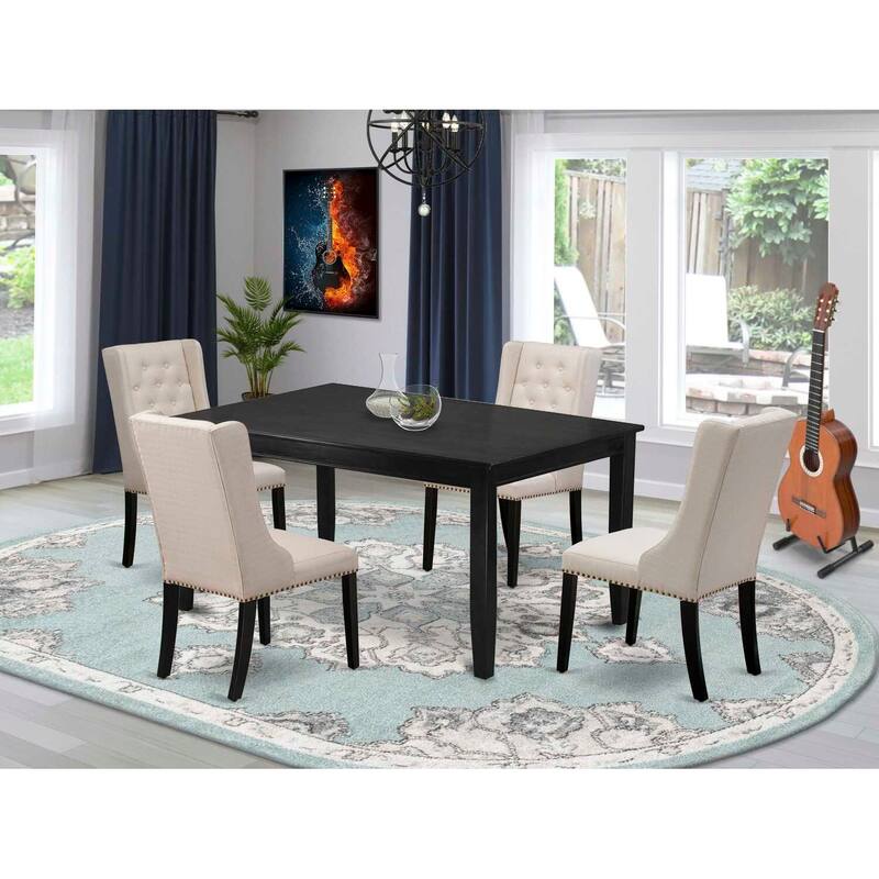 5-Piece Black Finish Solid Wood Top - Rectangular Button Tufted Dining Room Set - Seats 4