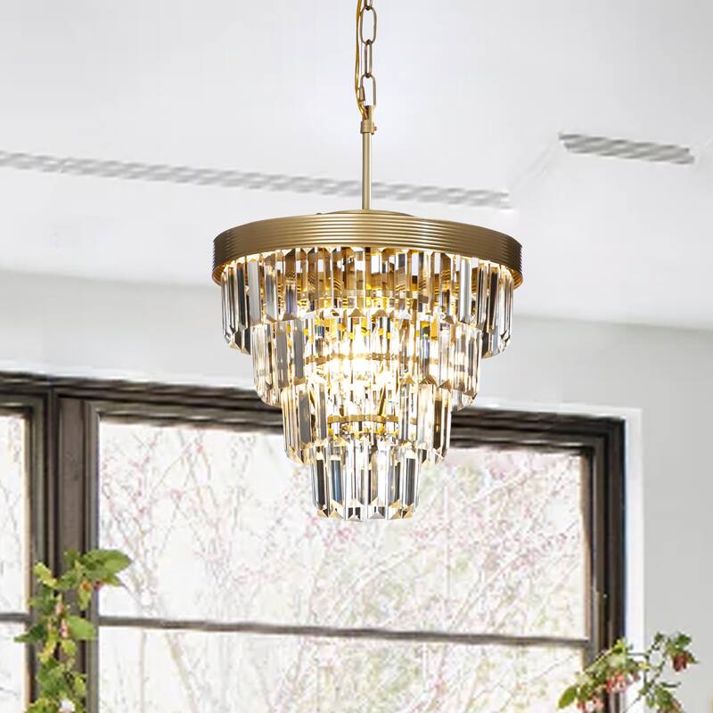 3-Light 13" Cone Shape 4-Tier Crystal Chandelier - Soft Gold