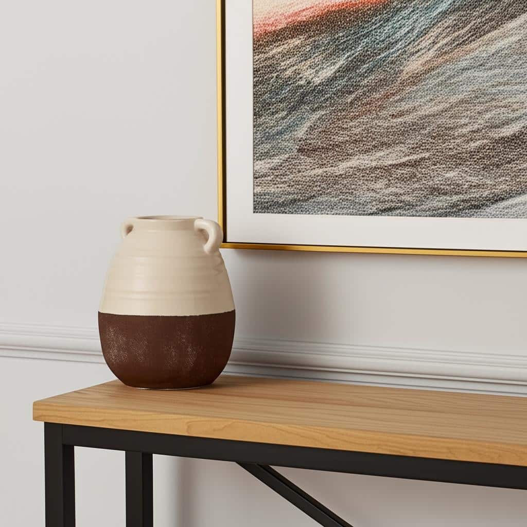 14" Brown And Cream Ceramic Amphora Table Vase - 9.05