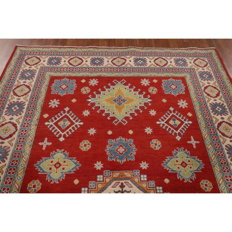 Geometric Red Kazak Oriental Area Rug Handmade Wool Carpet - 6'8" x 9'9"