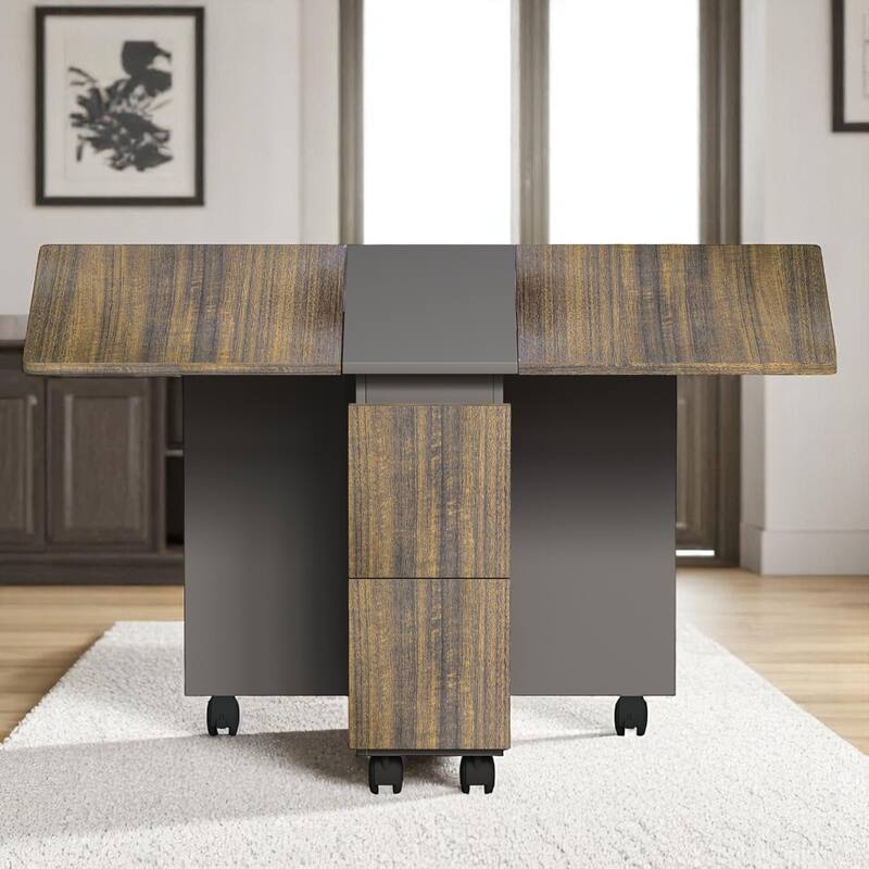 5-Piece Folding Dining Table Set with 4 Chairs, 55" Drop Leaf Expandable Kitchen Table with Storage & Wheels for Dining Rooms