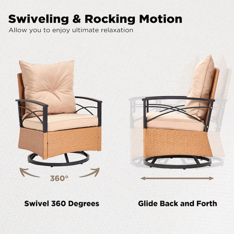 3-Piece Outdoor Rocking/Swivel Chair Set - PE Rattan Patio Furniture with Cushions & Coffee Table, Rocker Chairs for Backyard
