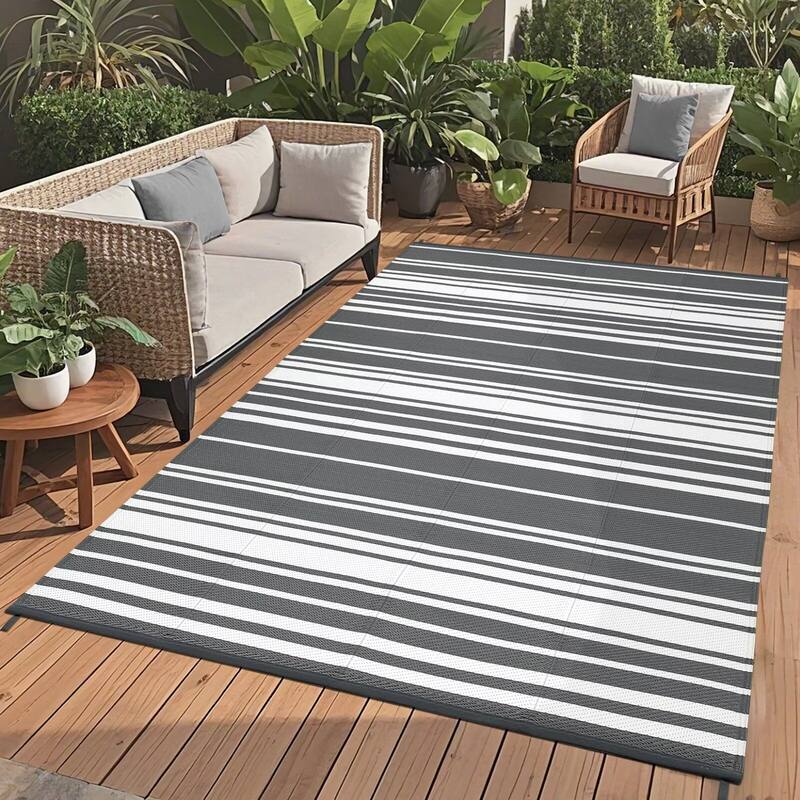 Outdoor Rug Waterproof Mat Outside Rugs for Patio Camping Balcony Modern Strip Plastic Straw Rug - 8'x10' - Gray White
