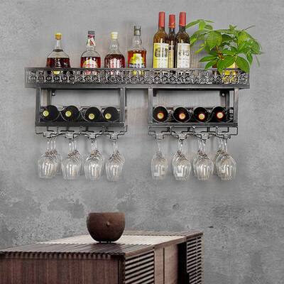 Black Wall Shelving with Wine Storage 3-Tiers w/ Glass Wine Rack - 100x30x30cm