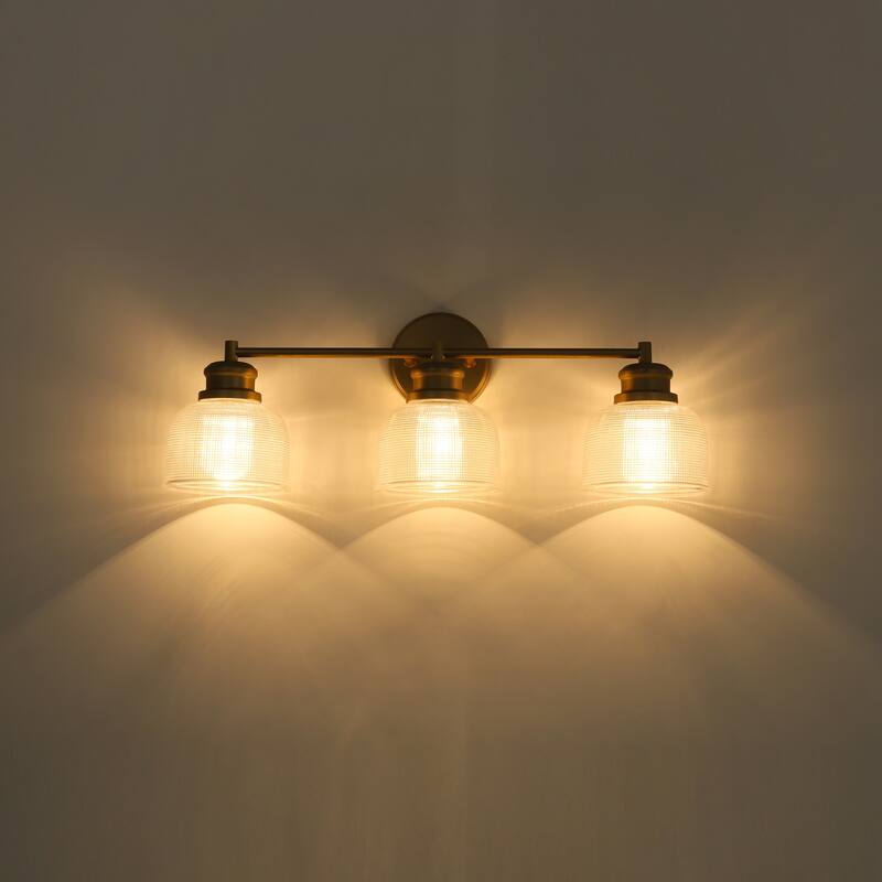 23.8" W 3-Light Retro Industrial Gold Bowl-Shaped Bathroom Vanity Light with Clear Chequered Textured Glass Shades