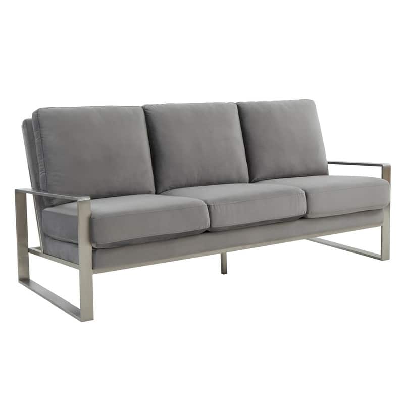 Jefferson Velvet Upholstered 3 Seater Sofa with Silver Metal Frame with Removable Cushion for Living Room, Bedroom, Office - Light Grey