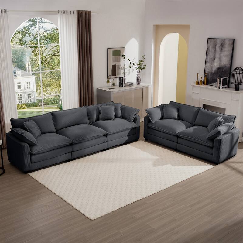 Corduroy Fabric Deep Seat Sofas Set with Throw Pillows, 3+2 Seater Flexible Combinations Sofa with Removable Armrests