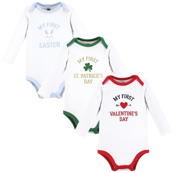 slide 1 of 1, Hudson Baby Infant Boy Cotton Long-Sleeve Bodysuits, Boy First Valentine Easter 3-6 Months - Boy First Valentine Easter