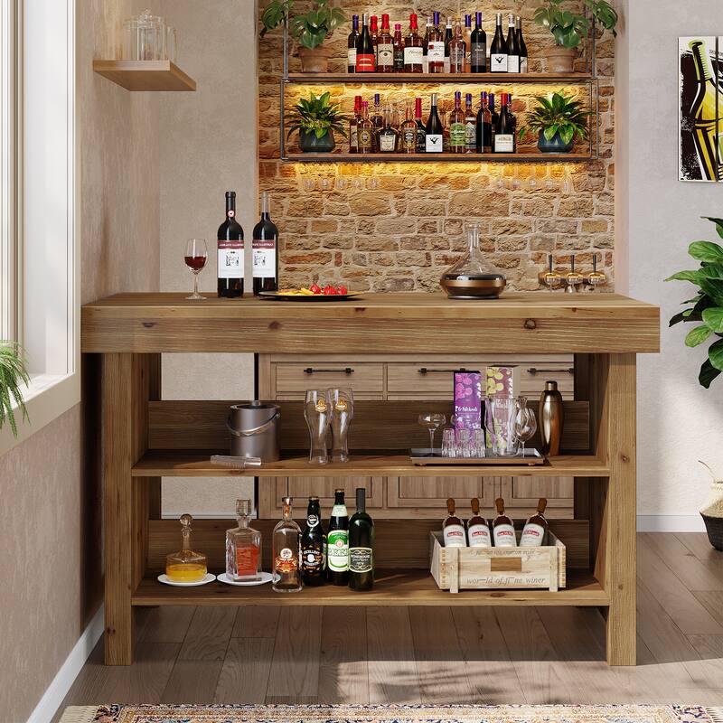 Solid Wood Bar Table, Open Storage Counter Height Pub Dining Table, Kitchen Dining/Living Room Basement Accent Bar Unit