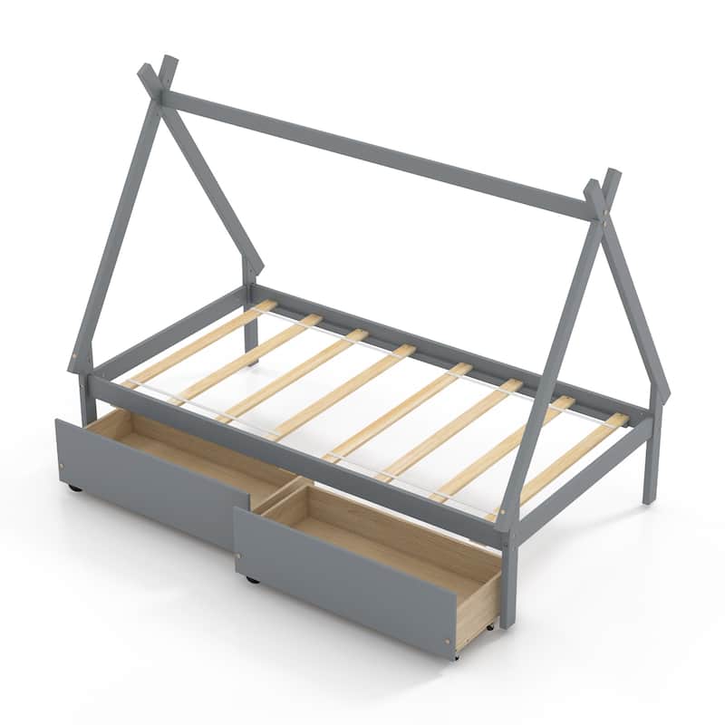 Kids Twin Size Wooden House-Shaped Platform Bed with Storage Drawers for Boys and Girls - Grey