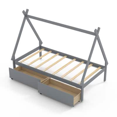 Kids Twin Size Wooden House-Shaped Platform Bed with Storage Drawers for Boys and Girls