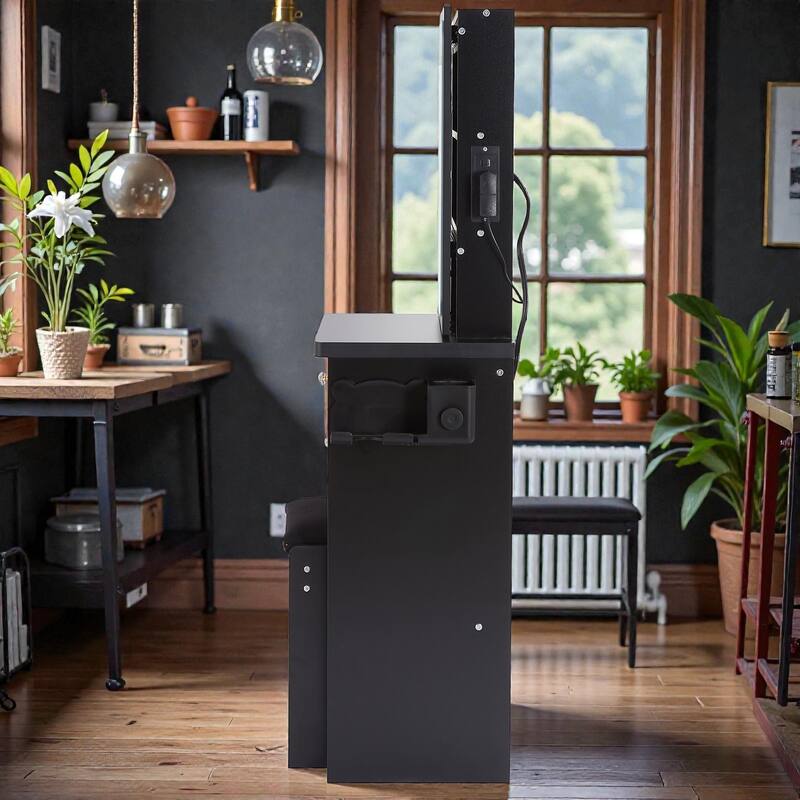 Small Vanity Table with Sliding LED Mirror, 2 AC & 2 USB Charging Station, Hair Dryer Holder & Stool for Bedroom