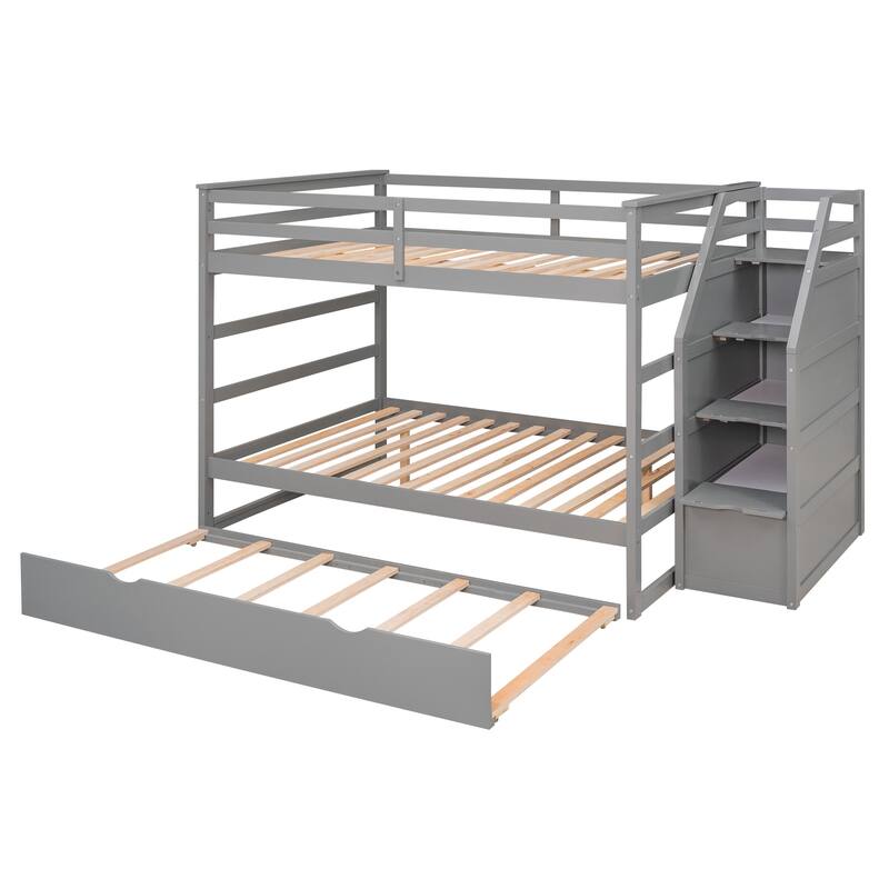 Bunk Bed with Trundle with Safety Guardrail and 3 Storage Stairs, Triple Bunk Multifunctional Space-Saving Solution for Bedroom