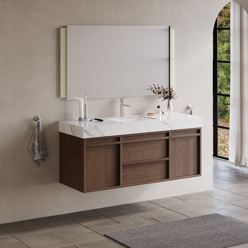 48"Mid Century Modern Wall-Mounted Bathroom Vanities,Single Sink,Brown Wood Texture with Sintered Stone Table top